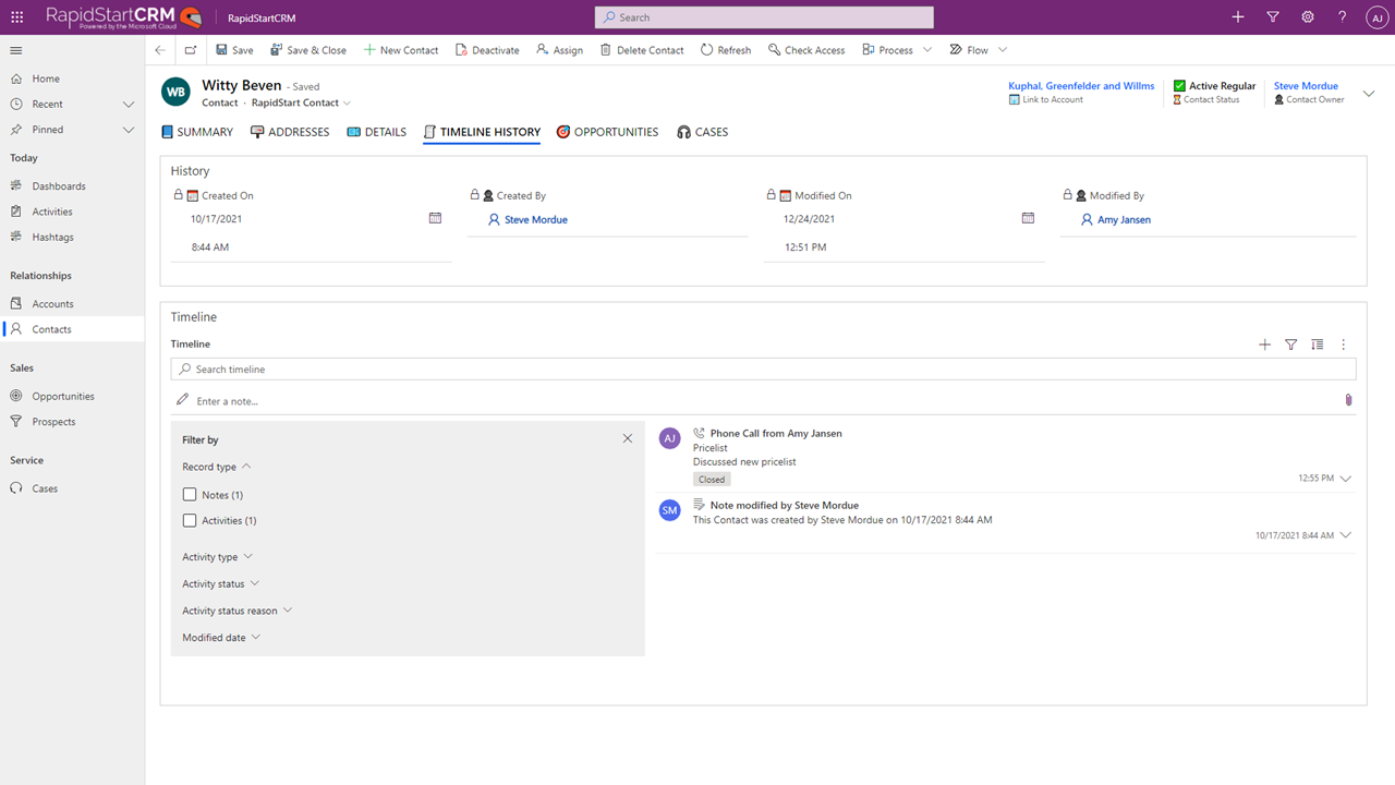 screenshot of RapidStart CRM